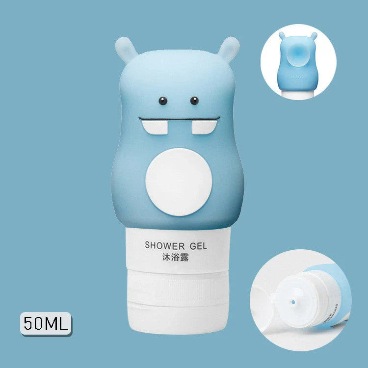 Portable animal-shaped silicone travel bottles for shampoo, shower gel, and lotion in various vibrant colors and designs