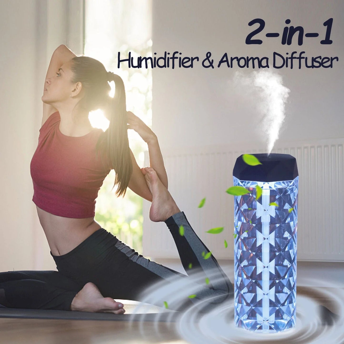 Crystal-like lamp humidifier with adjustable mist and lighting for a soothing, relaxing atmosphere