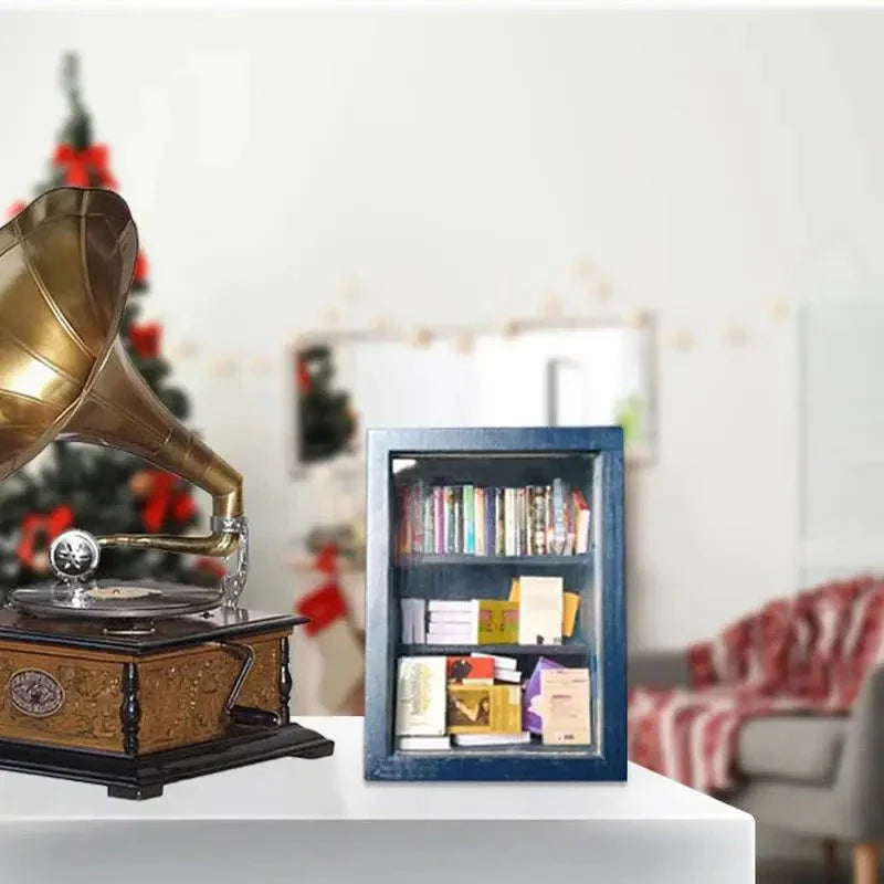 Calming wooden bookshelf ornament with 60 miniature books for stress relief and desktop decor