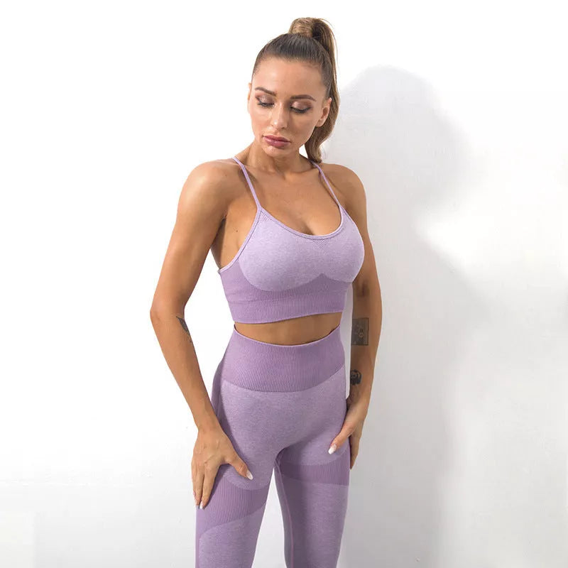 Women's Seamless Knitted Sling Sports Bra Yoga Suit in solid colours for fitness and yoga
