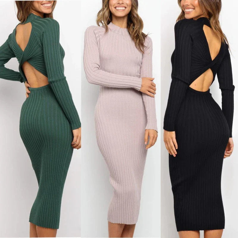 Premium backless bow sweater dresses for women in green, black, and pink colors