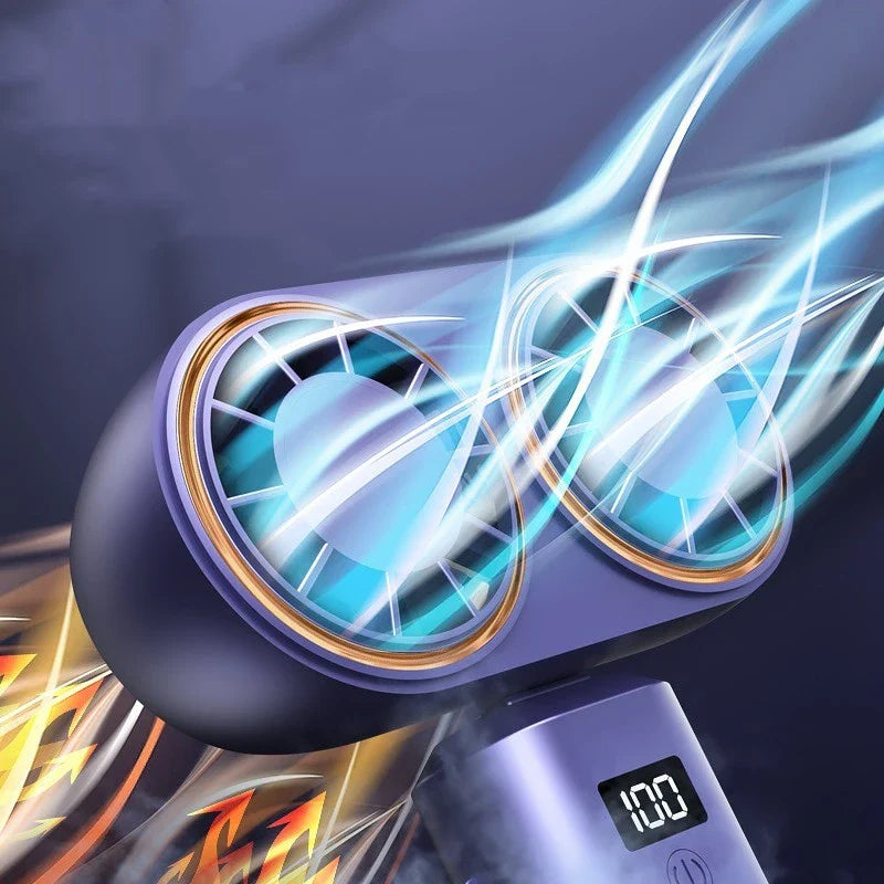 Portable USB-powered handheld fan with foldable design, adjustable speeds, and digital display