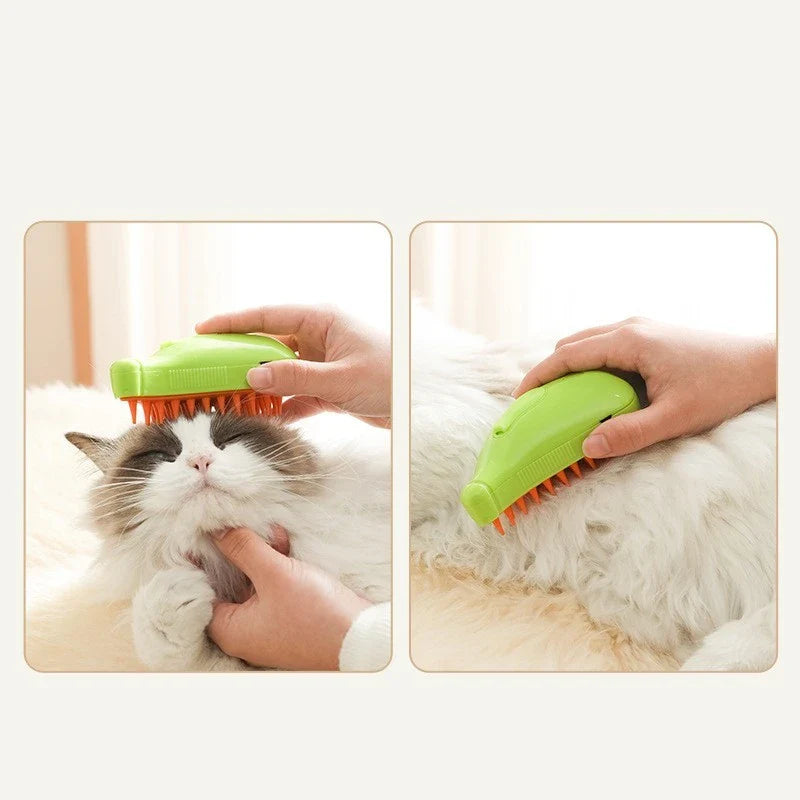 A versatile 3-in-1 pet grooming brush with steamy massage and hair removal features, perfect for cats and dogs.
