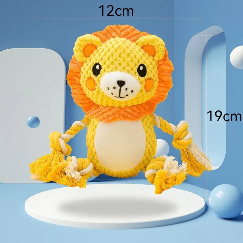 Plush monkey and lion squeaky dog toys on a white background, showing sizes 17x13.5cm and 9x12cm