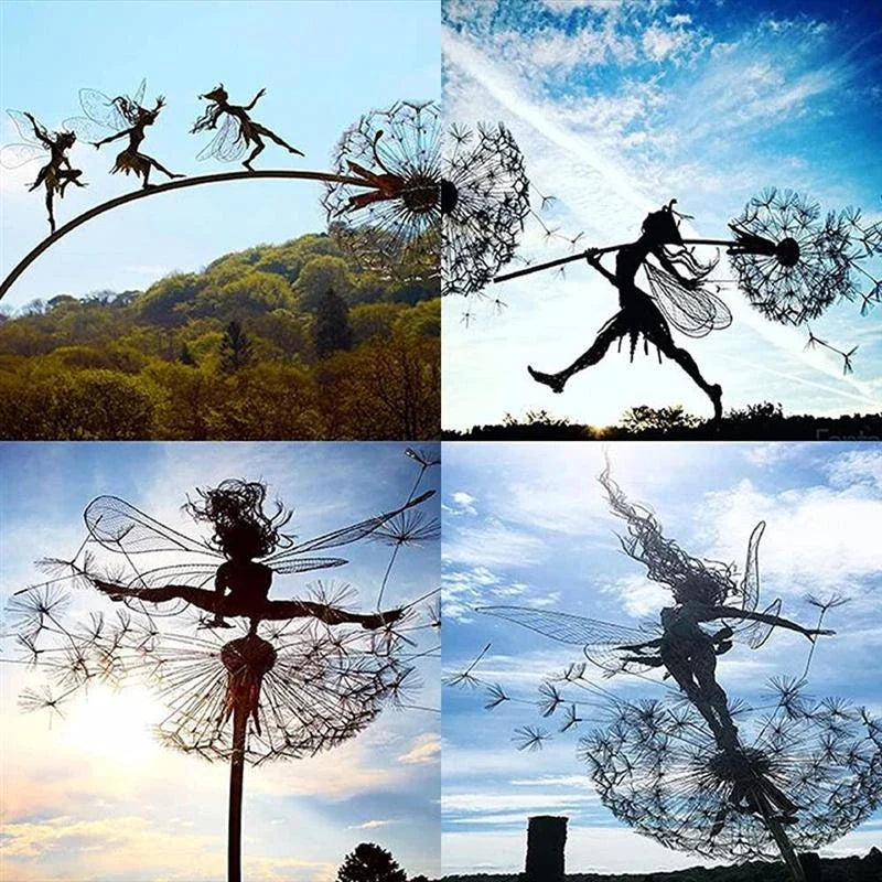 Enchanting fairy garden sculptures made of metal, featuring playful designs of fairies and pixies among dandelions and flowers.