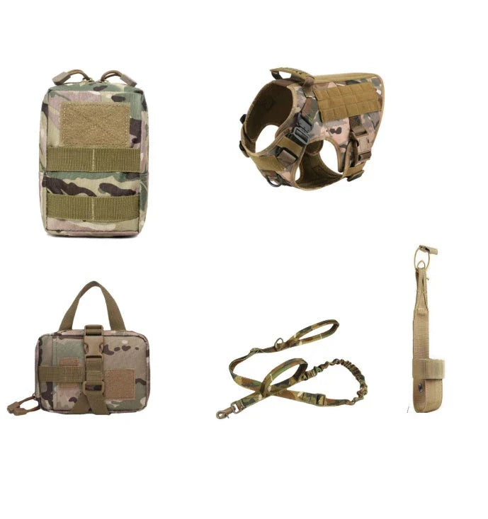 Premium tactical dog harness with reinforced metal buckles, customizable morale patches, and a top handle for control and lifting.