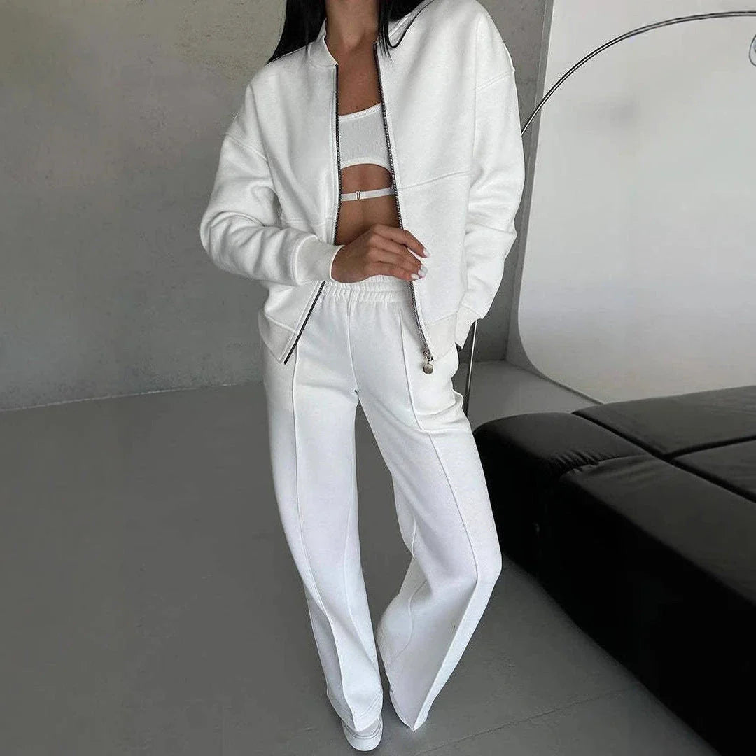 Women's stylish two-piece sports suit with zip-up jacket and wide-leg pants in a variety of colors