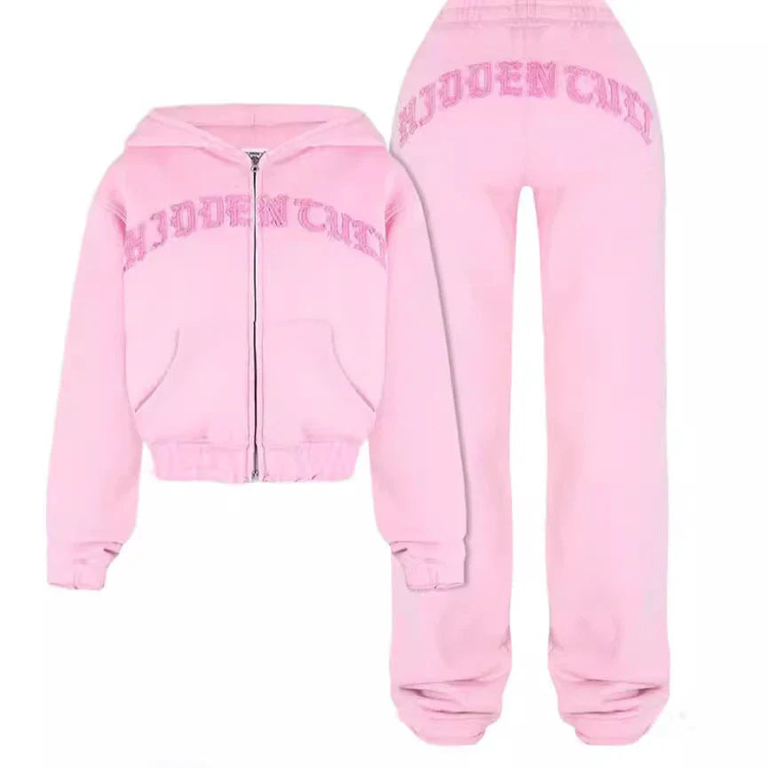 Stylish athleisure set featuring a zip-up sweatshirt with 3D pattern and comfortable drawstring pants in various colors
