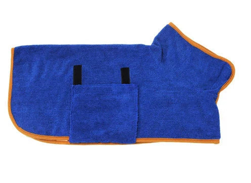 Absorbent pet drying robe with adjustable waist wrap, made of premium microfiber and terry cloth for quick drying and comfort