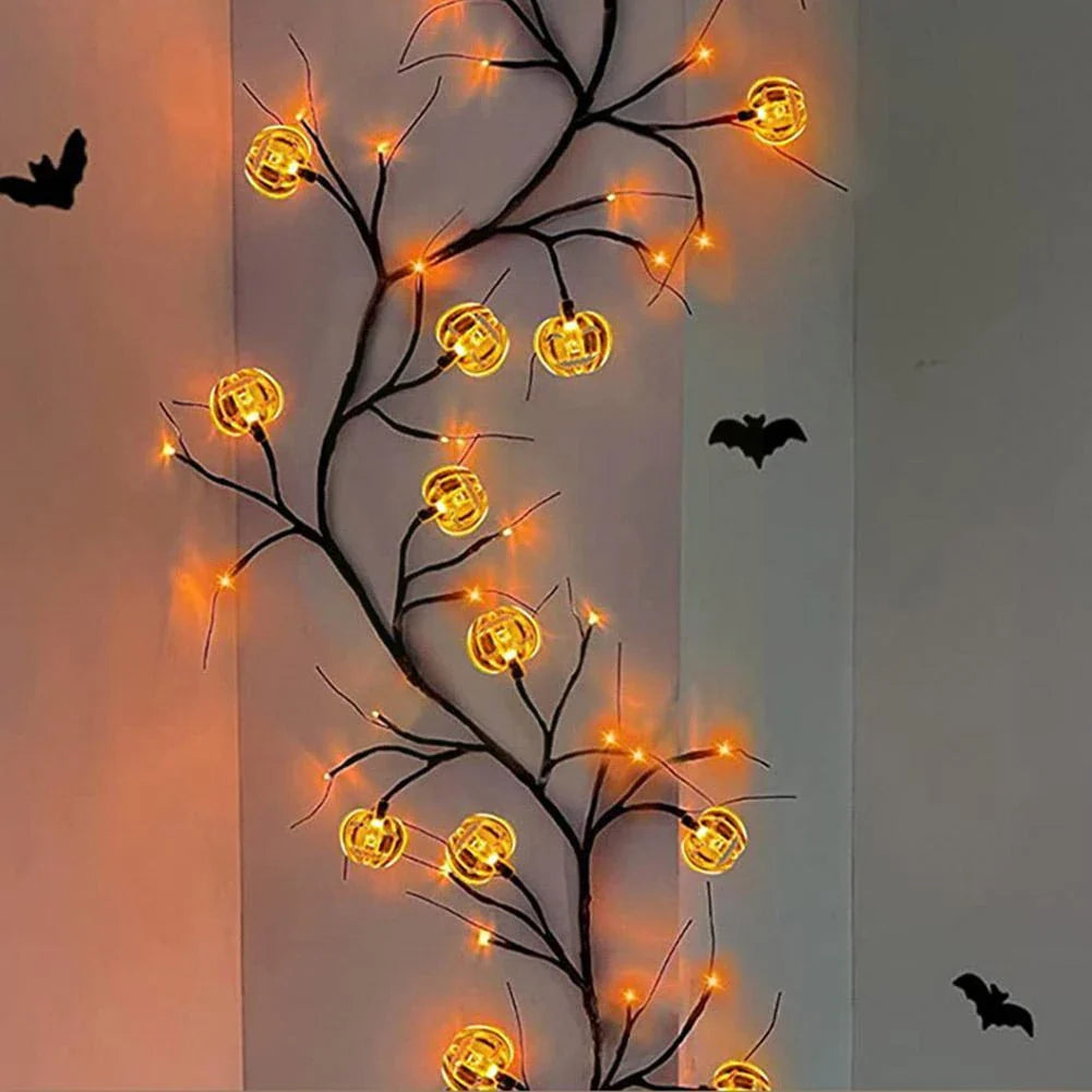 Enchanting Halloween vine lights with playful bat and pumpkin designs, creating a mesmerizing holiday display