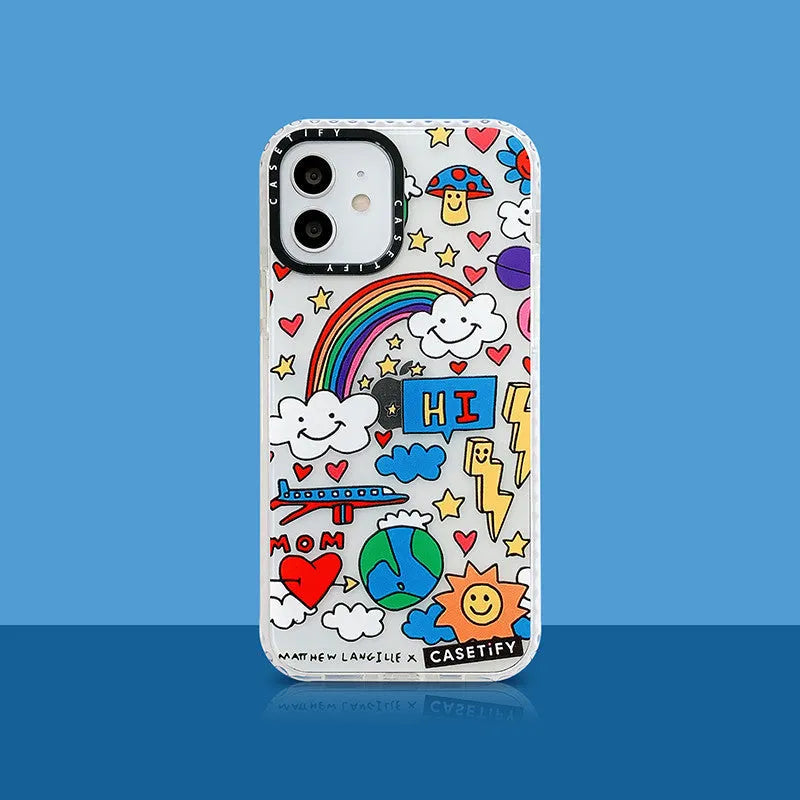 Graffiti TPU iPhone case in high transparency Lightning Mushroom and Lightning Rainbow, back cover with letters and geometry