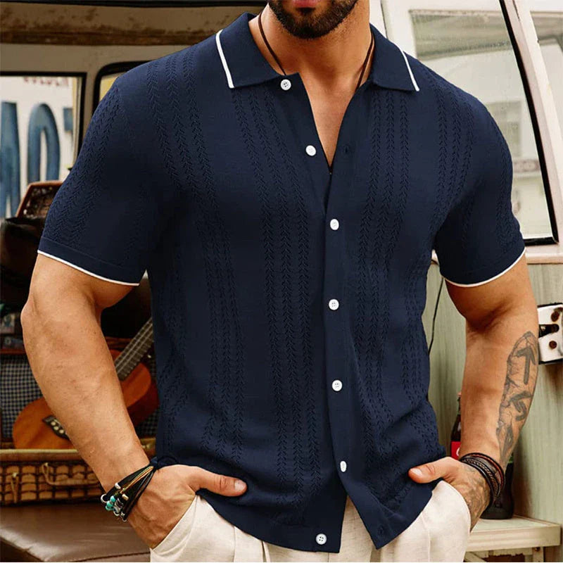 Short-sleeve polo shirt in various classic colors, featuring a unique flocking design and made from soft, breathable Tencel fabric