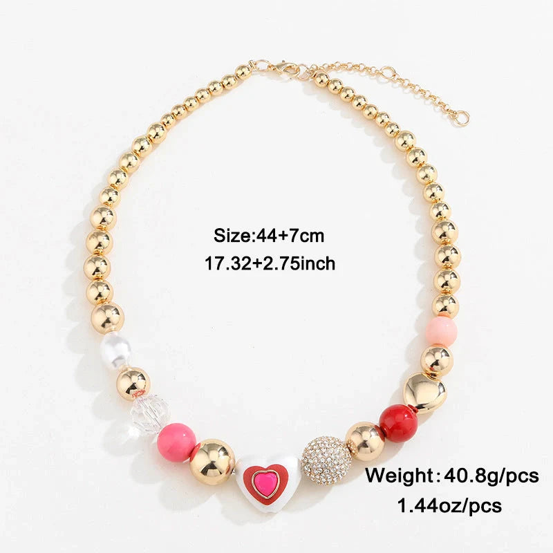 Elegant Heart Peach Pearl Bracelet Set with O-shaped chain and imitation pearls