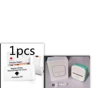 Compact Bluetooth-enabled thermal label printer in white, pink, and green colors with various label options