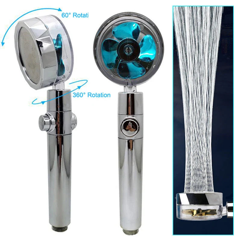 A high-pressure handheld shower head with a turbo-charged water flow and a cotton filter for a luxurious, spa-like bathing experience.