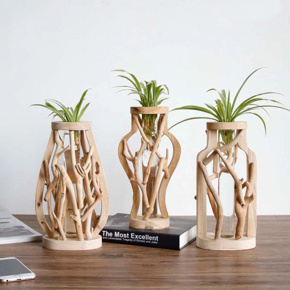Handcrafted wooden vase with glass container for hydroponic floral displays and home decor