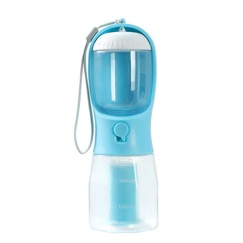 Portable 3-in-1 pet water bottle with built-in filtration system, food container, and waste bag storage compartment