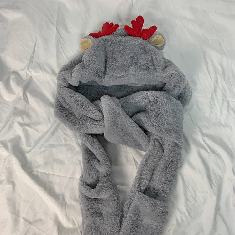A cosy winter accessories set including a hat, scarf and gloves in grey, white and khaki colours