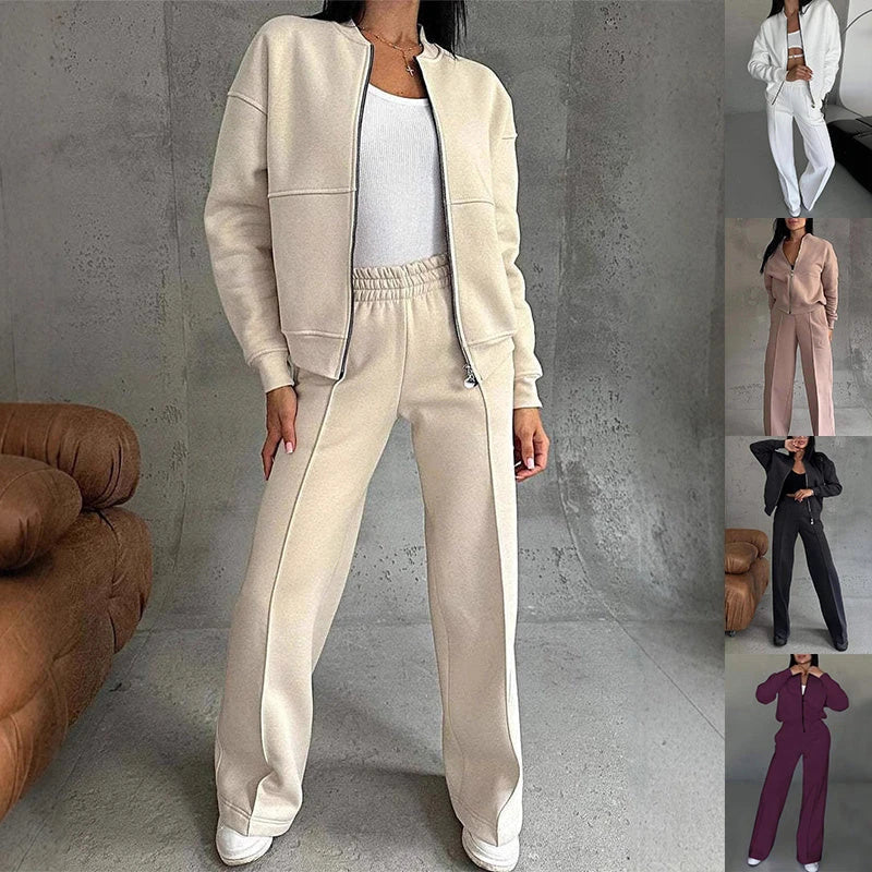 Women's stylish two-piece sports suit with zip-up jacket and wide-leg pants in a variety of colors