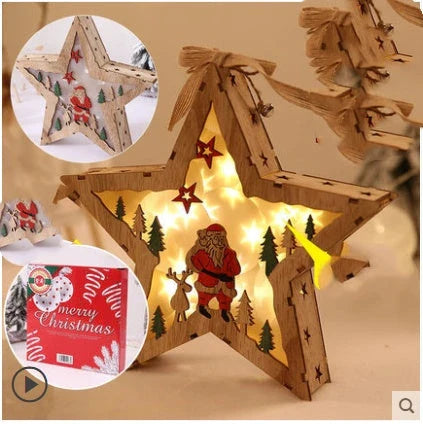 Wooden Christmas ornaments with luminous five-pointed star designs in various festive motifs, including snowmen and deer