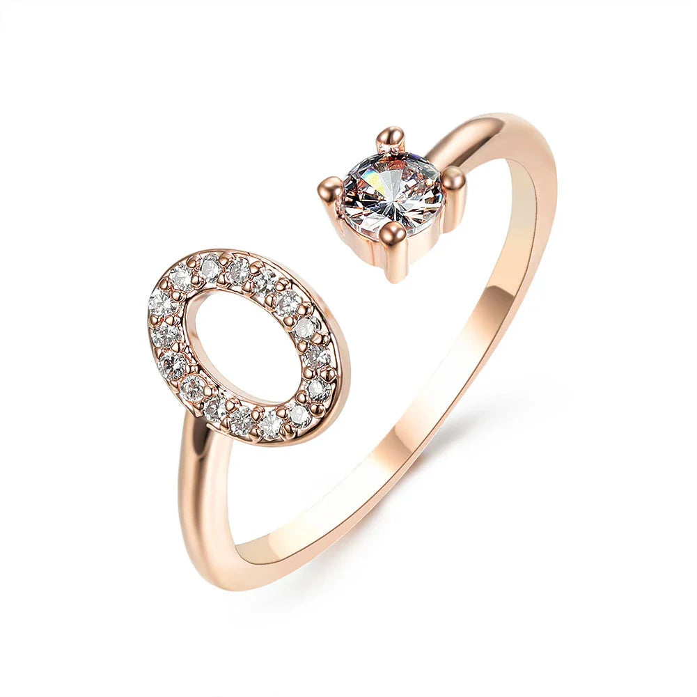 Personalized Initial Letter Crystal Ring with Adjustable Design in Gold, Silver, and Rose Gold Colors