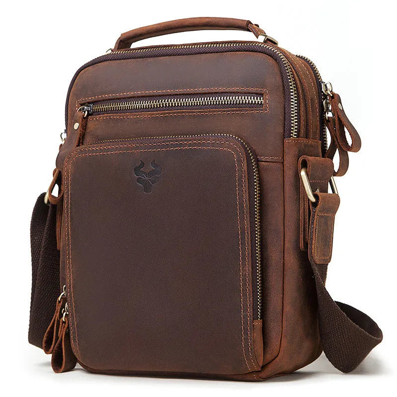 Men's brown Crazy Horse leather retro crossbody bag with single shoulder strap