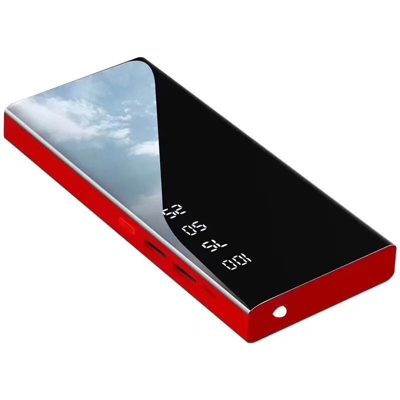 20000mAh power bank with LCD display showing battery percentage, measuring 140mm x 63mm x 22mm