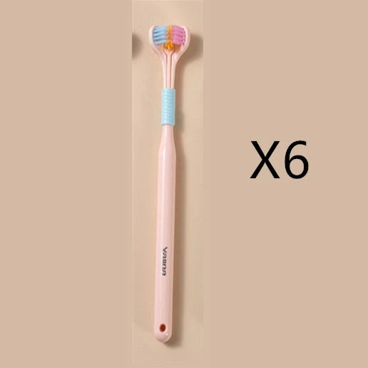A soft bristle toothbrush with a unique triple-sided brush head for deep cleaning and customizable bristle firmness.