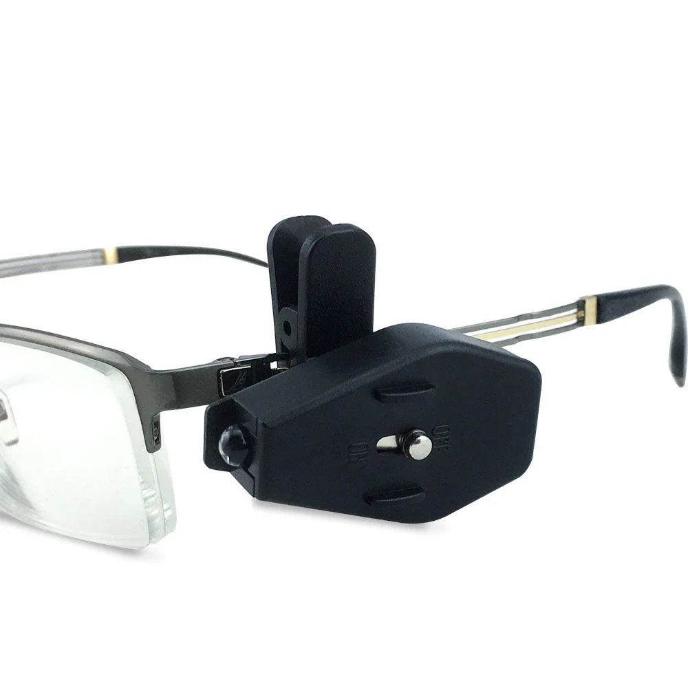 Adjustable LED eyeglass clip-on flashlight with 360-degree rotation for hands-free illumination