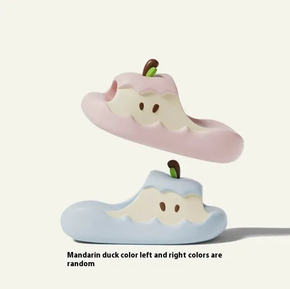Cartoon fruit-themed EVA flip flop slippers for adults on a plain background.