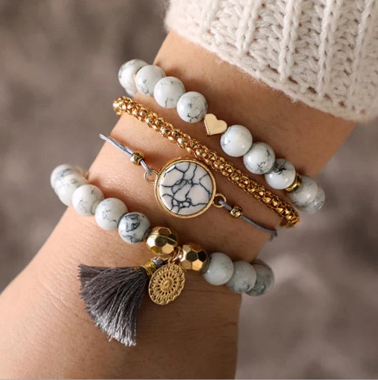 Elegant geometric stone bracelet set with fringed design, perfect fashion accessory for women