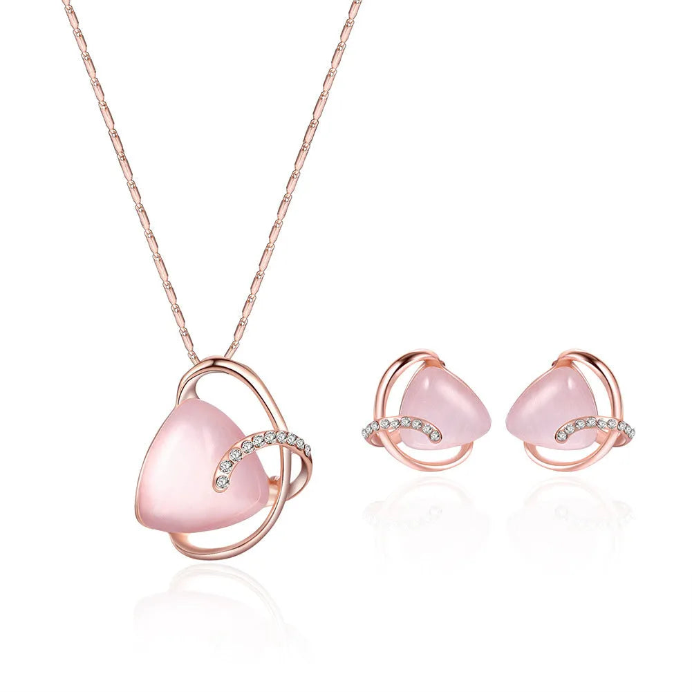 Rose gold alloy necklace and earrings two piece set with inlaid artificial gems and adjustable 21-50cm chain