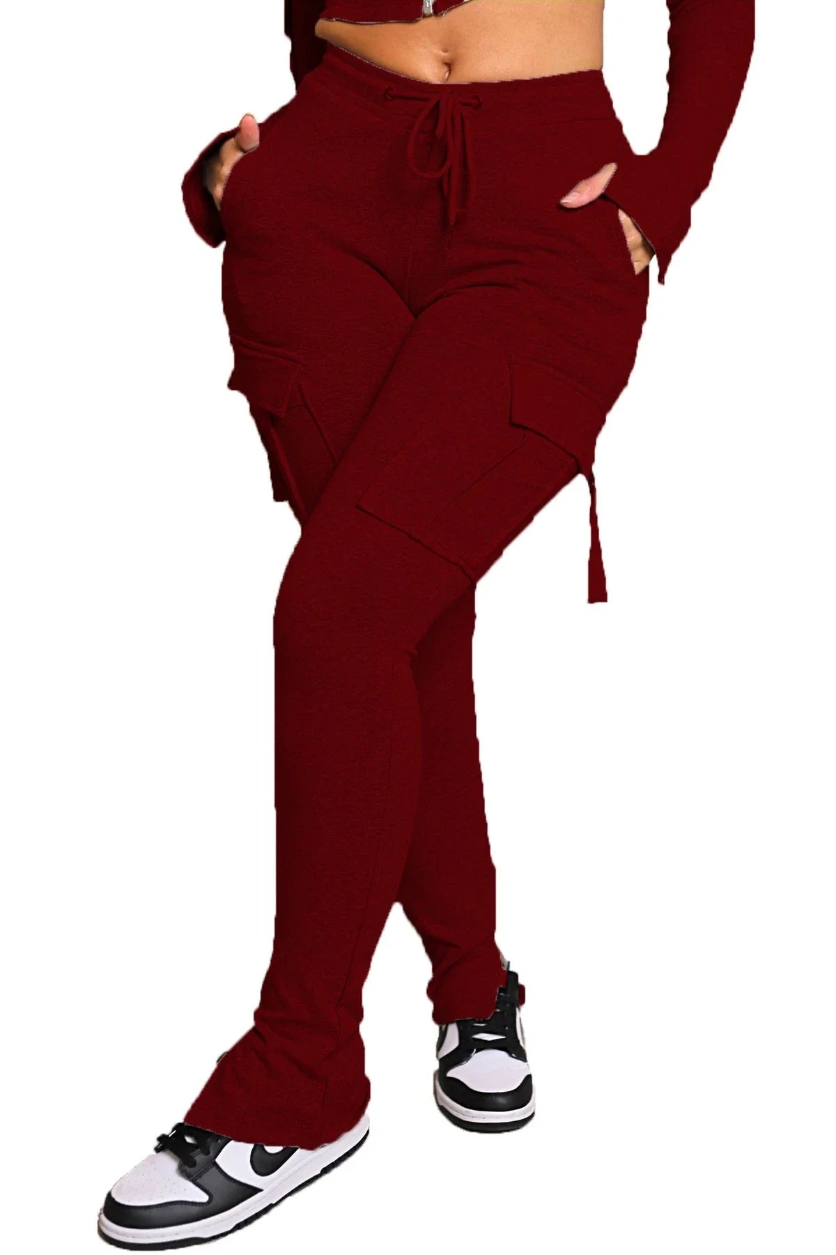 Versatile cargo pants for women with pockets, high-waist, drawstring, and wide-leg design in various colors and sizes