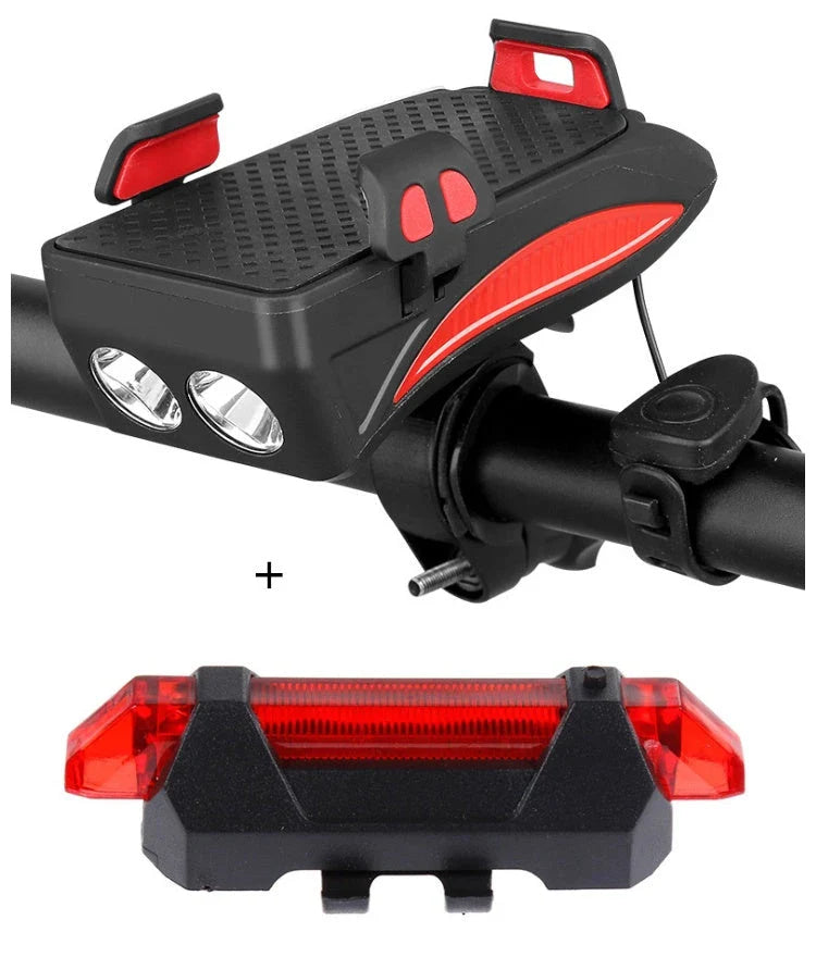 Multifunctional bike mount with horn, lights, and adjustable phone holder for secure storage and charging on the go