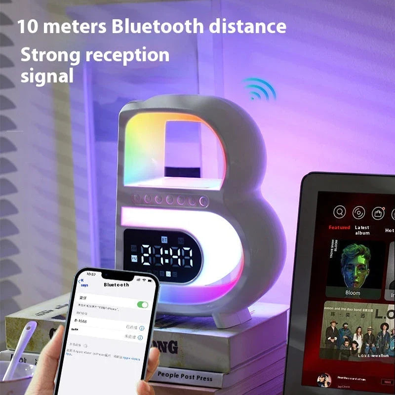 Multifunctional B-shaped Bluetooth speaker lamp with wireless charging, adjustable lighting, and alarm clock features