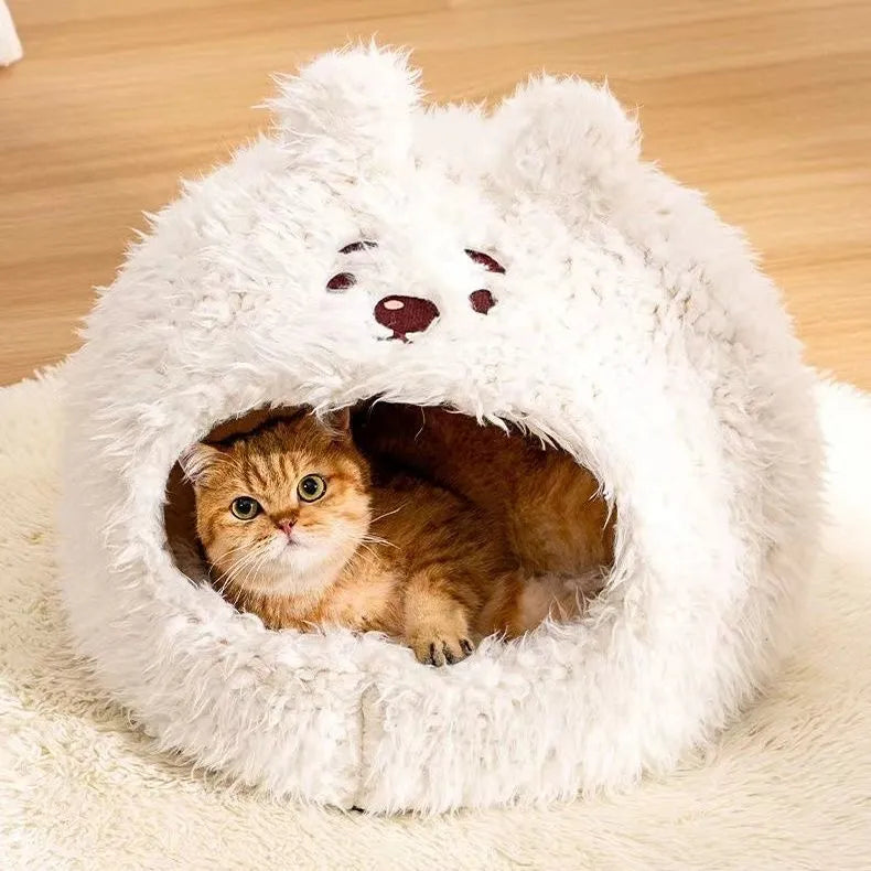 Semi-enclosed yurt-style cat litter kennel tent with plush fleece lining and animal print cover