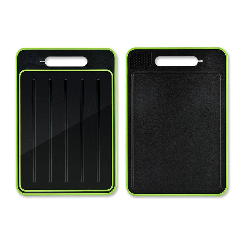 Versatile cutting board with thawing and sharpening functions, made of durable aluminum with grinding teeth and built-in whetstone