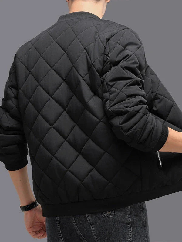 Insulated cotton jacket with rhombic-sewing design, available in khaki and black colors.
