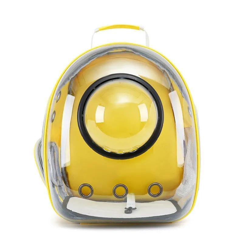 Grey PC plastic side opening pet carrier backpack for cats on a white background.
