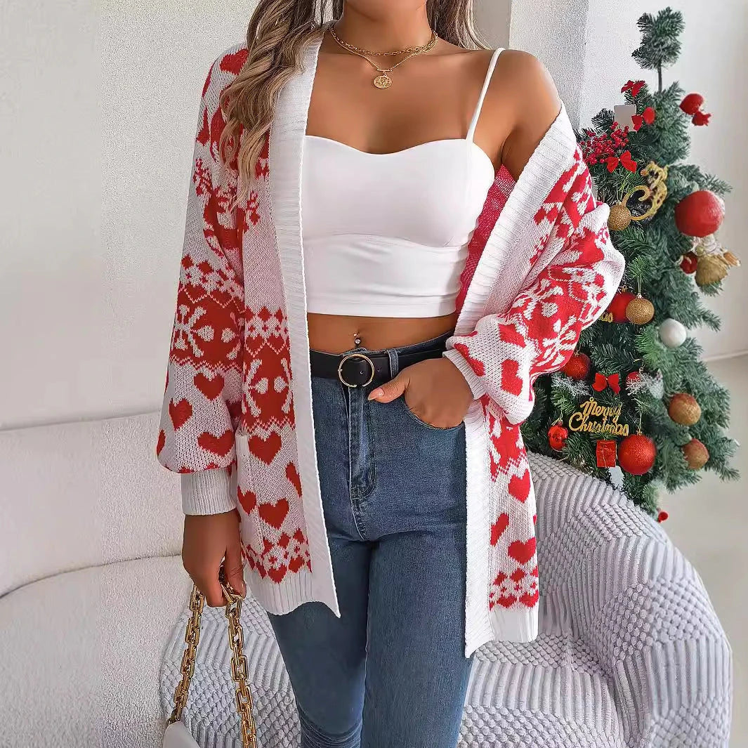 Women's open-front Christmas cardigan with festive deer print, available in red, green, and white colors