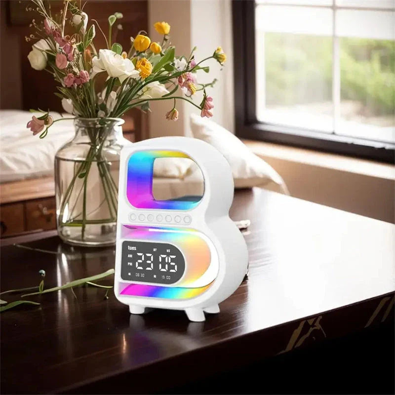 Multifunctional B-shaped Bluetooth speaker lamp with wireless charging, adjustable lighting, and alarm clock features