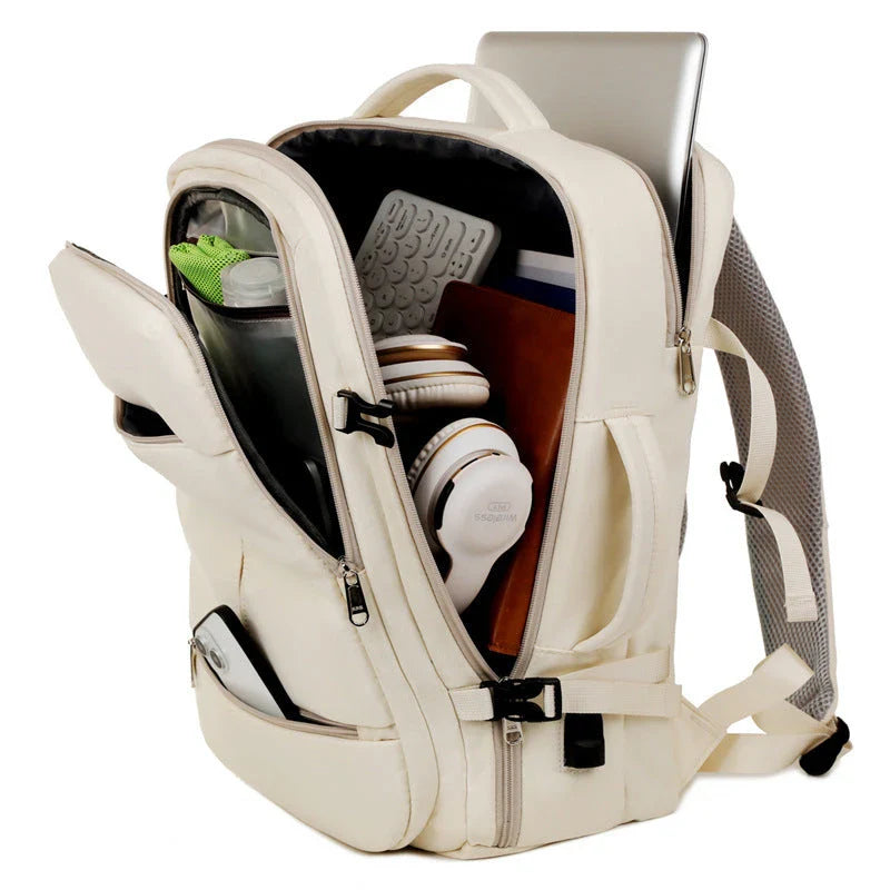 A stylish and high-capacity backpack with multiple pockets and zippers, designed for business and travel use.