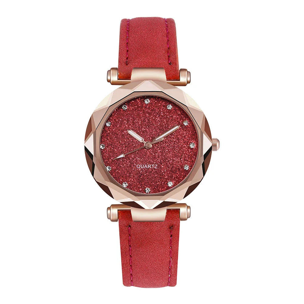 Elegant women's wrist watch with a captivating starry sky dial and leather strap, suitable for any occasion.