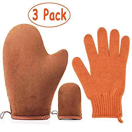 Premium self-tanning applicator kit with exfoliating glove, tanning mitt, and back applicator for a flawless, streak-free tan