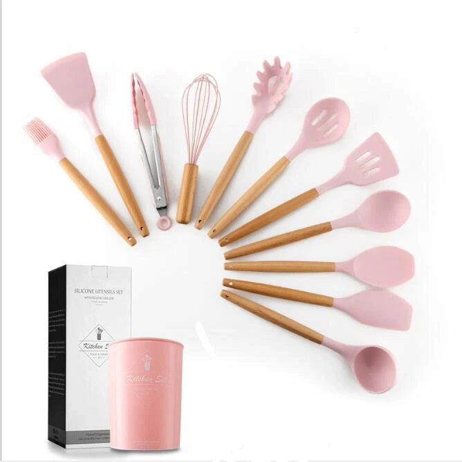 Premium silicone kitchenware set with wooden handle, ideal for cooking and baking