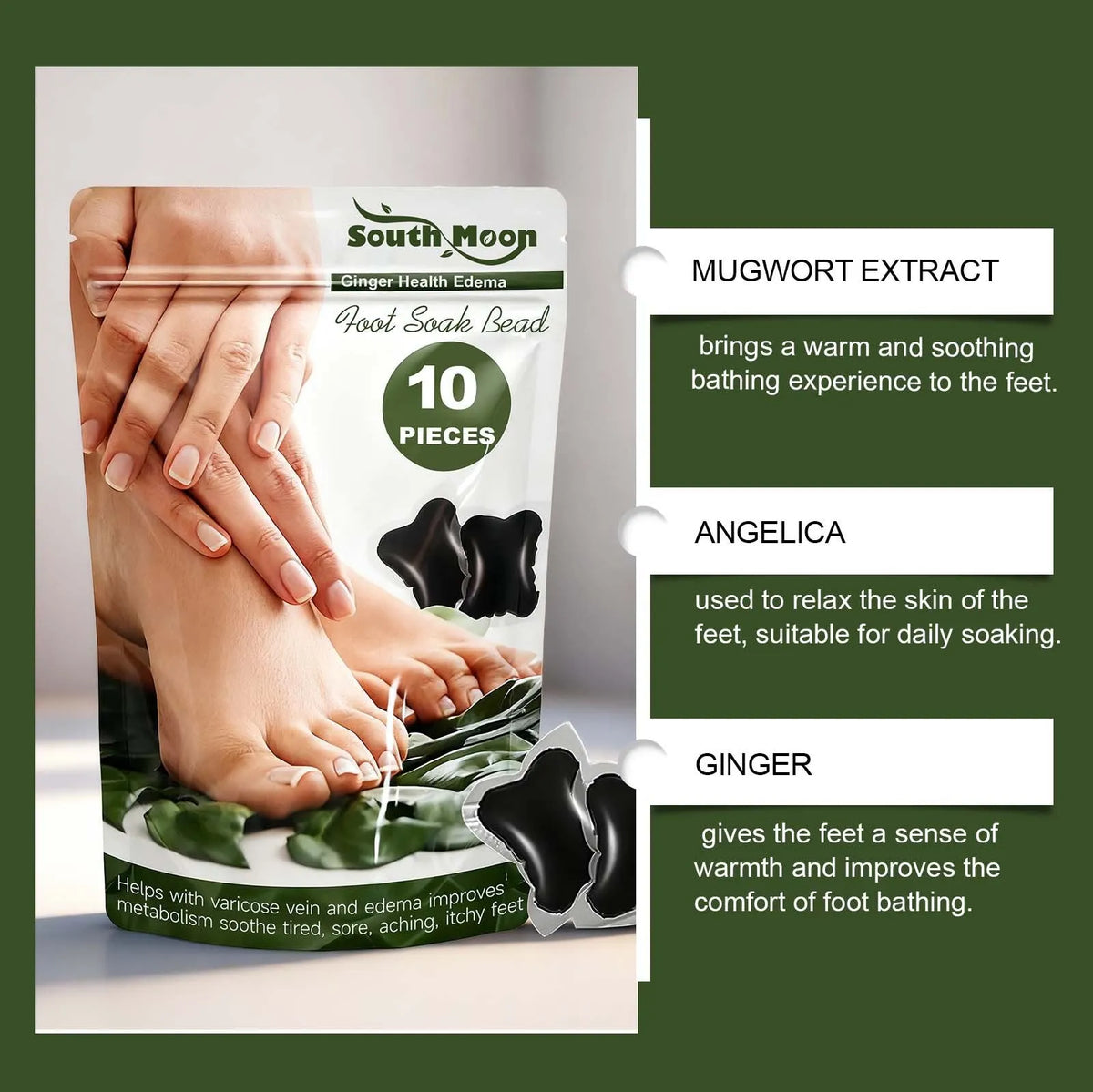 Ginger edema foot soak bead set with 10 foot bath beads containing wormwood, angelica, and safflower extract
