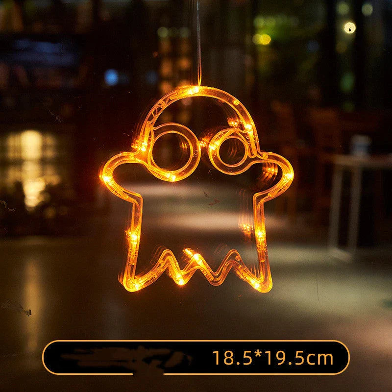 Spooky Halloween window lights featuring ghostly silhouettes, carved pumpkins, and creepy spiders for festive seasonal decor