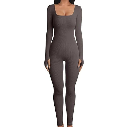 A stylish women's yoga jumpsuit with a square collar and long sleeves, available in a variety of vibrant colors.