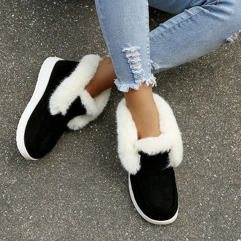 Cozy Winter Ankle Boots for Women in Black, Grey, and Brown colors with plush fur lining and low-heel design