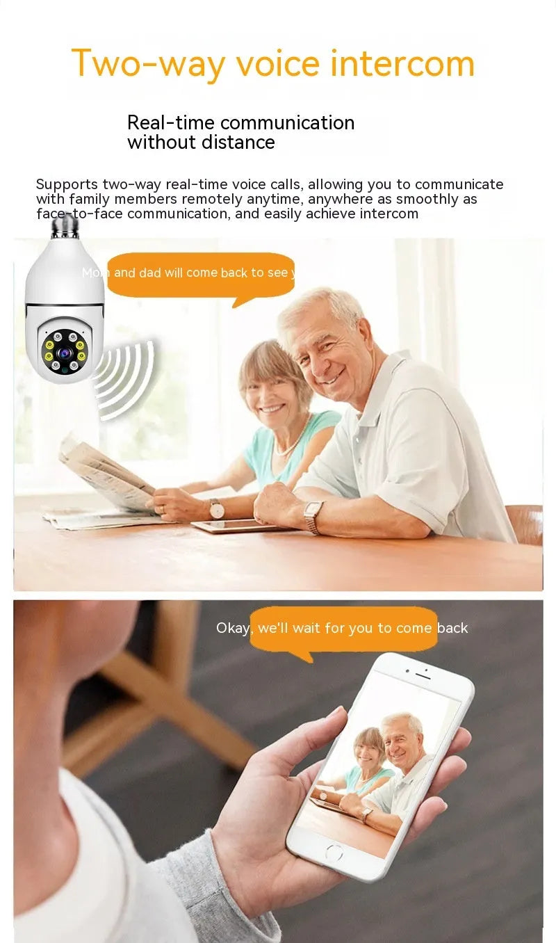 White wireless bulb security camera with E27 base, showing lens and compact 5cm by 12cm size.
